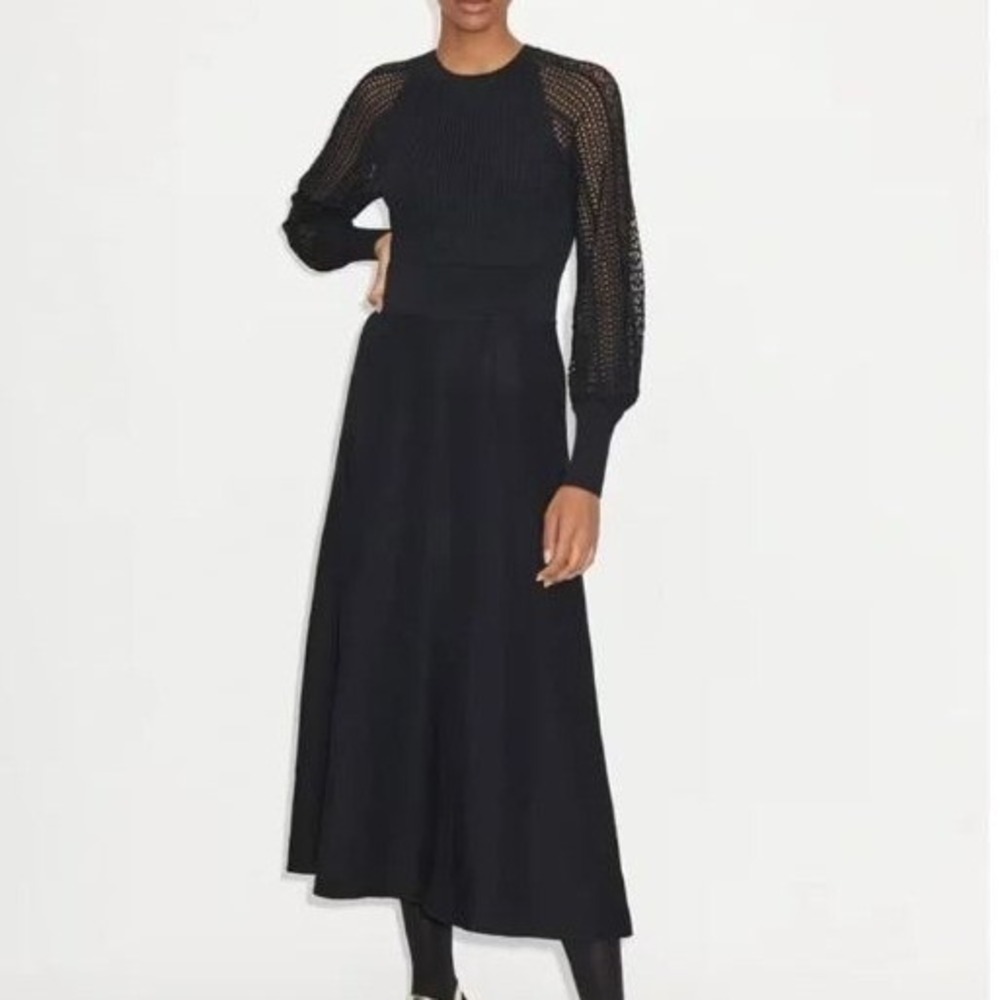 ME+EM Maxi Dress Womens 6 Black Fit Flare Ribbed Knit Lace Sleeve AW22KN415